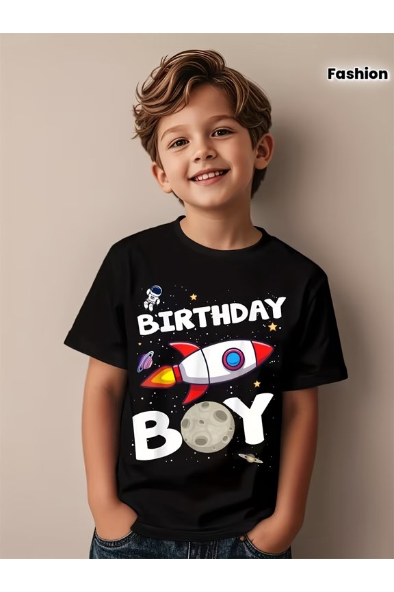 children’s wear Cute Outer Space Rocket Birthday Boy T-Shirt for Kids, Fun Astronaut Planet Graphic Tee for Boys