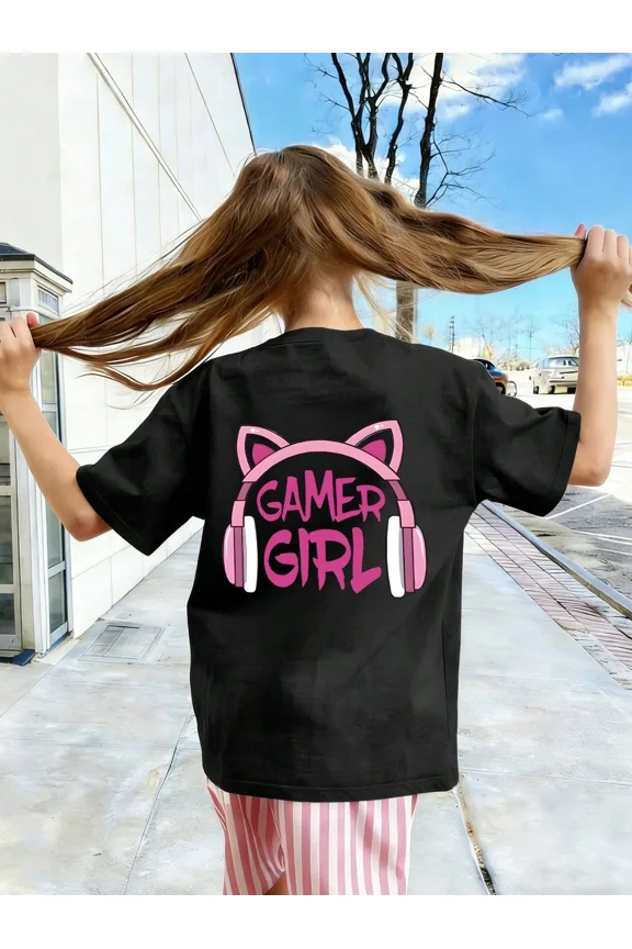 children’s wear Cute Pink Cat Ear Headphones Gamer Girl T-Shirt for Girls, Funny Video Game Graphic Tee for Kids, Retro Style Black Cotton Top