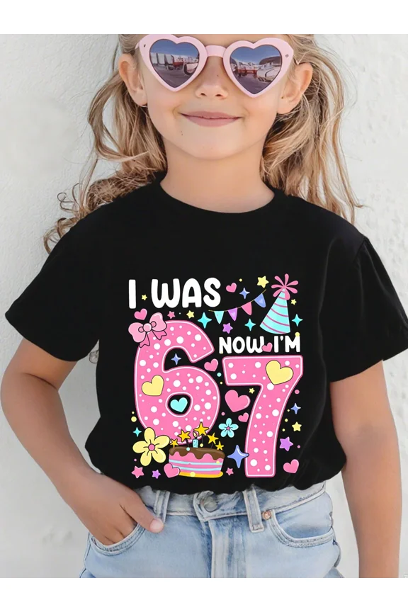children’s wear Cute Retro 7th Birthday T-Shirt for Girls, I Was 6 Now I'm 7 Pink Polka Dot Heart Graphic Tee Gift for Kids and Toddlers