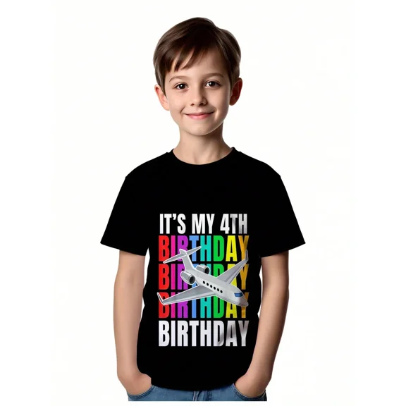 children’s wear Cute Retro Airplane Graphic Kids Boys It's My 4th Birthday Black Short Sleeve Cotton T-shirt Funny Toddler Birthday Party Tee