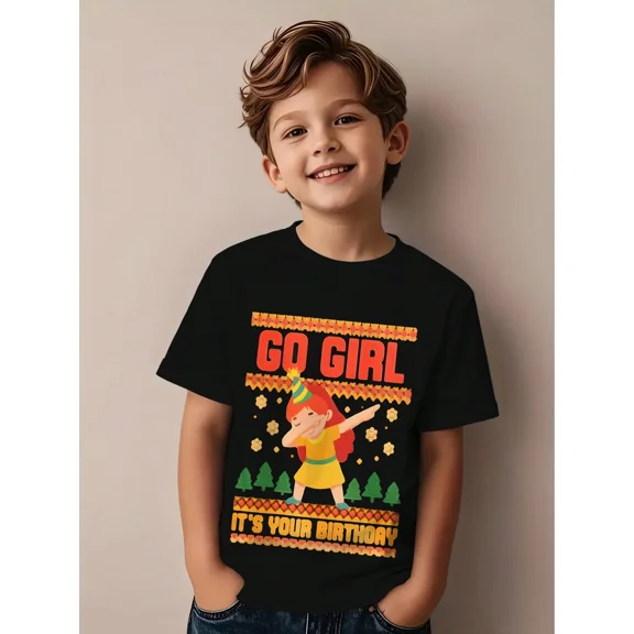 children’s wear Cute Retro Dabbing Girl Birthday Black T-Shirt for Kids Funny Go Girl It's Your Birthday Graphic Tee for Boys and Girls