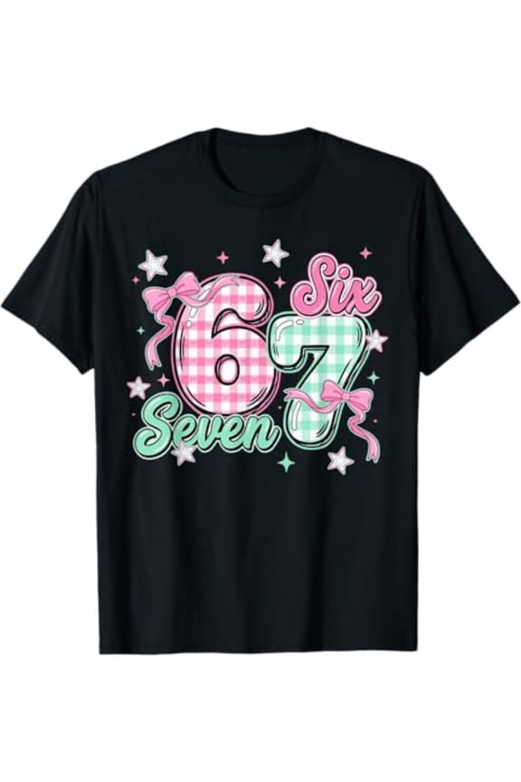 children’s wear Cute Retro Gingham 6th and 7th Birthday Girls T-Shirt Pastel Pink Teal Star Bows Graphic Tee for Kids