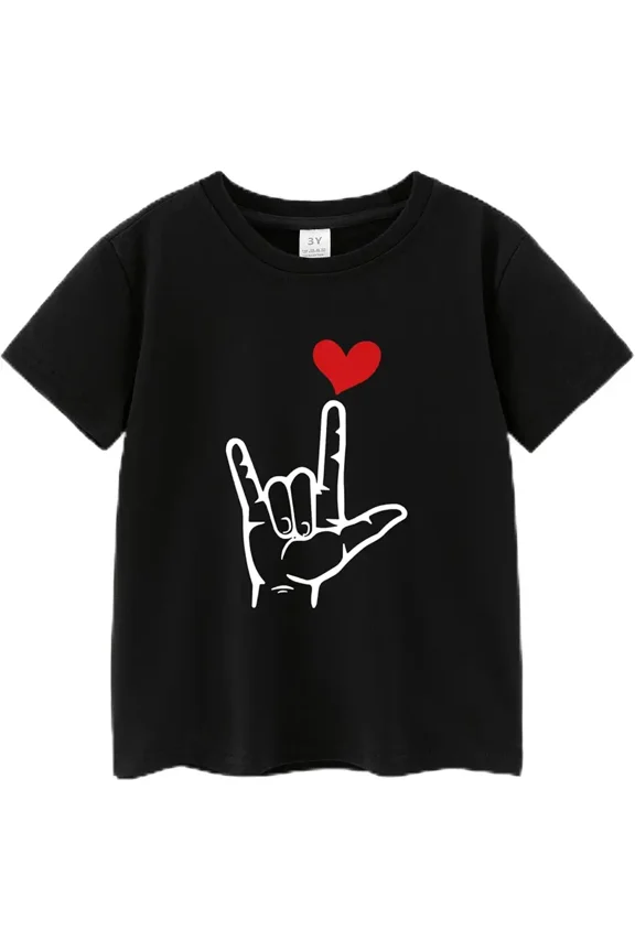 children’s wear Cute Retro I Love You ASL Hand Sign Graphic Heart T-Shirt for Boys and Girls, Toddler Fashionable Short Sleeve Black Cotton Tee