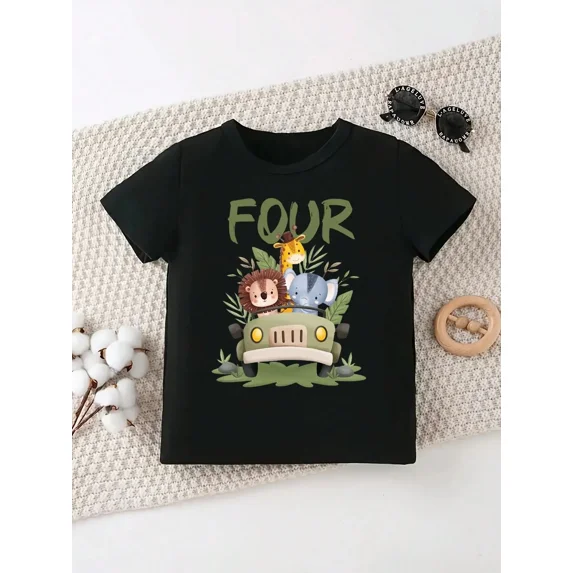 children’s wear Cute Retro Jungle Safari 4th Birthday FOUR Graphic T-Shirt, Funny Animal Jeep Wild One Tee for Toddler Boys and Girls Kids
