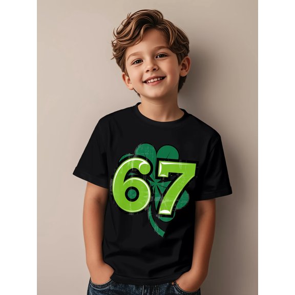 children’s wear Cute Retro St. Patrick's Day Lucky Clover Number 67 Graphic Black Short Sleeve Cotton T-Shirt for Kids Boys Girls