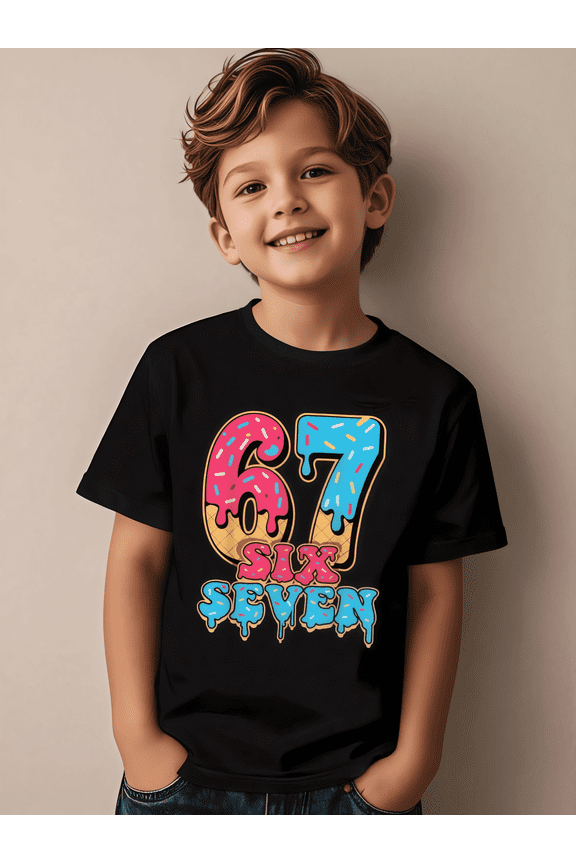 children’s wear Cute Retro Sweet Donut Number 67 Birthday T-Shirt for Boys and Girls Kids Toddler Graphic Tee Soft Cotton Black Top