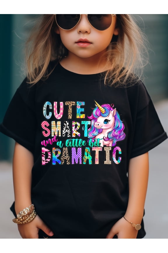 children’s wear Cute Smart and a Little Bit Dramatic Girls T-Shirt Funny Unicorn Graphic Tee Colorful Leopard Print Retro Kids Toddler Summer Cotton Top