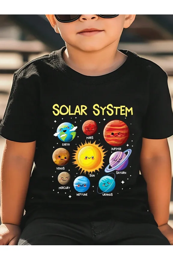 children’s wear Cute Solar System Planets Space Astronomy Educational Black Graphic T-Shirt for Kids Boys Girls Toddler