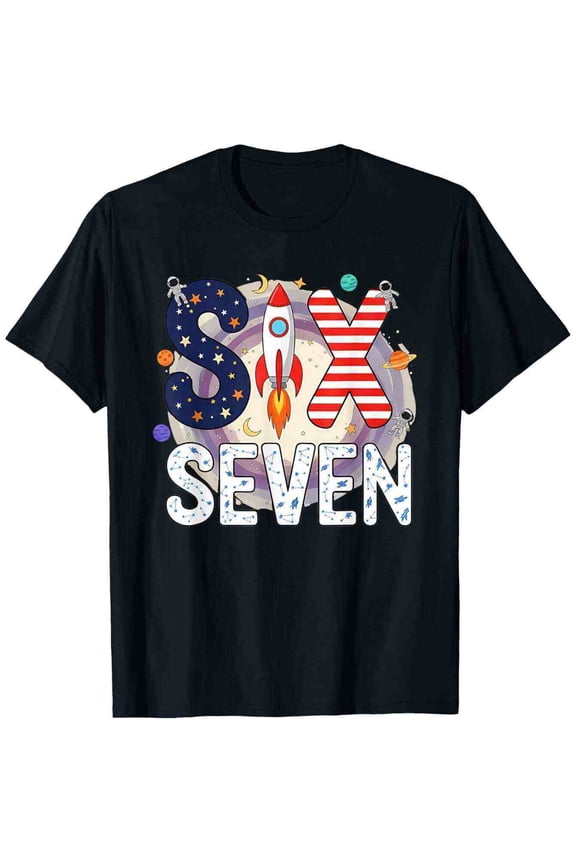 children’s wear Cute Space Rocket Astronaut SIX SEVEN Birthday Graphic T-Shirt for Kids, Boys & Girls