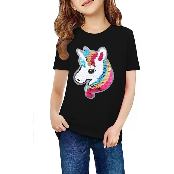children’s wear Cute Sparkle Sequin Unicorn T-Shirt for Girls, Magic Flip Reversible Graphic Tee, Toddler Girls Short Sleeve Casual Summer Cotton Top