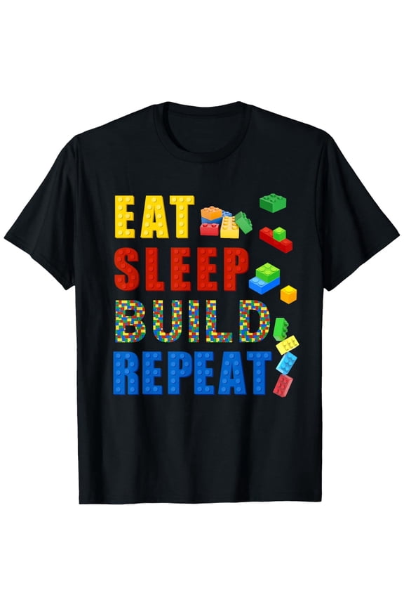 children’s wear Eat Sleep Build Repeat Funny Building Blocks T-Shirt for Kids and Boys, Retro Colorful Bricks Graphic Toddler Girls Birthday Gift Tee