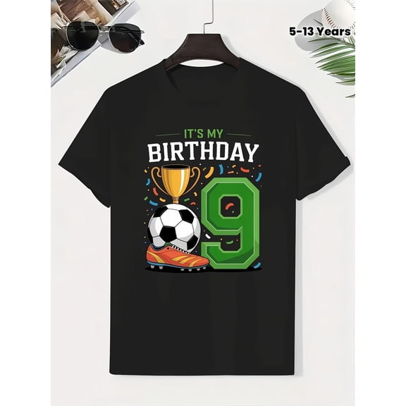 children’s wear Funny 9th Birthday Soccer T-Shirt for Boys, Cute Celebration Party Graphic Tee for Kids