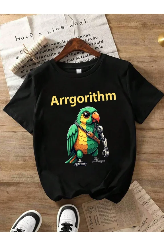 children’s wear Funny Arrgorithm Pirate Parrot Robot Cyborg Graphic T-Shirt for Kids Boys Girls Cute Tech Coding Math Science Short Sleeve Tee