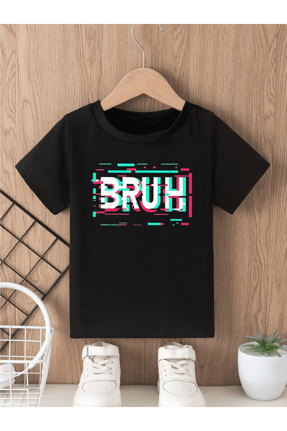 children’s wear Funny BRUH Glitch Graphic Tee for Kids Boys Girls, Retro Digital Style Black Short Sleeve Cotton T-Shirt for Toddlers