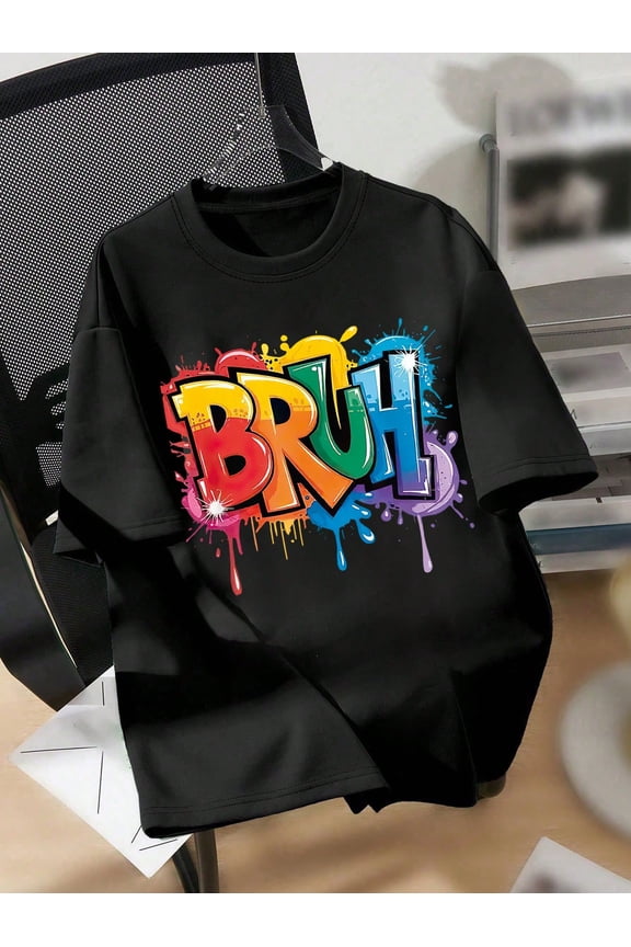 children’s wear Funny BRUH Graffiti Colorful Splatter T-Shirt for Boys and Girls, Cool Urban Streetwear Kids Graphic Tee, Retro Rainbow Paint Drip Child Top