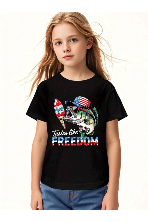 children’s wear Funny Bass Fishing Tastes Like Freedom Kids Girls T-Shirt Patriotic 4th of July American Flag Fish Ice Cream Graphic Tee