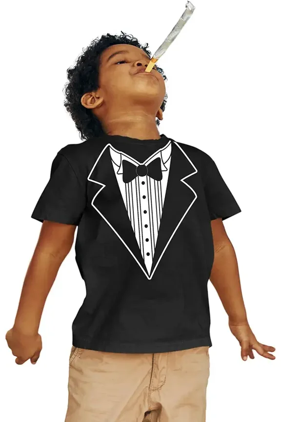 children’s wear Funny Black Tuxedo Graphic T-Shirt for Kids, Cute Toddler Formal Bow Tie Suit Print Tee, Boys Dressy Short Sleeve Party Top