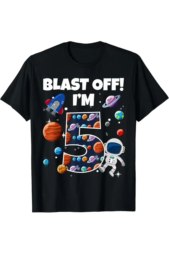 children’s wear Funny Blast Off I'm 5 Space Rocket Astronaut Planets 5th Birthday T-Shirt for Boys and Girls
