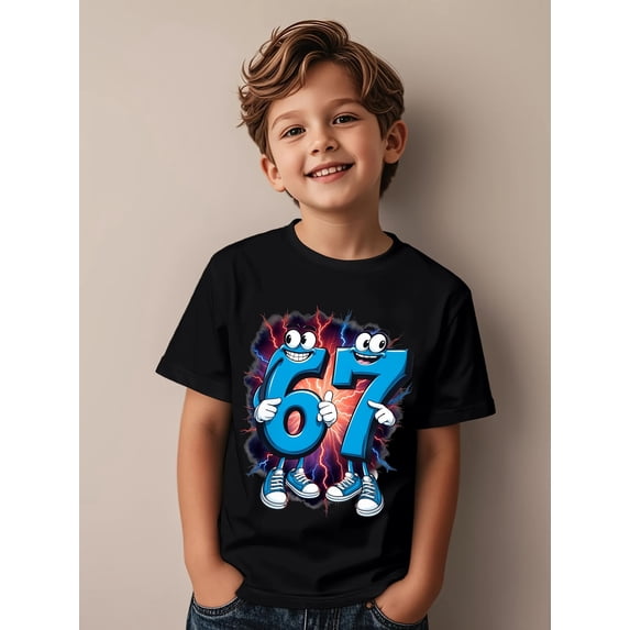 children’s wear Funny Blue Cartoon Number 67 Graphic T-Shirt for Kids Boys Girls Cute Retro Casual Cotton Short Sleeve Tee