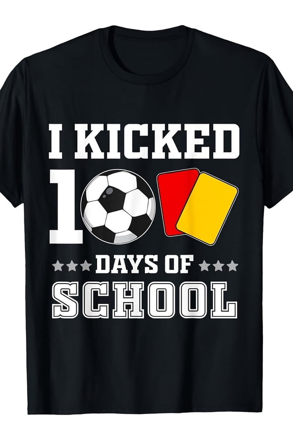children’s wear Funny Boys & Girls 100th Day of School T-Shirt - 'I Kicked 100 Days' Soccer Ball & Referee Card Graphic Tee for Kids