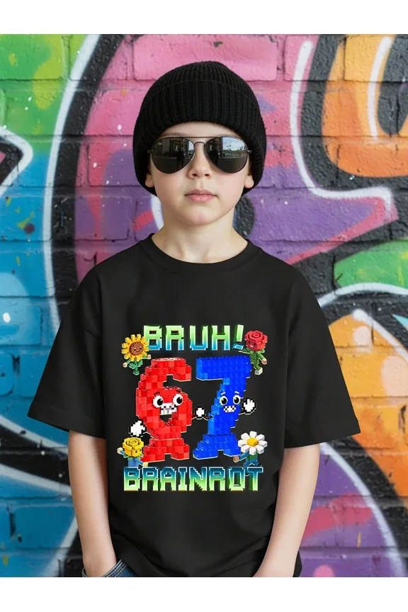 children’s wear Funny Bruh Brainrot Building Block Graphic Tee for Kids Boys Girls Retro Pixel Art Style Cotton T-Shirt