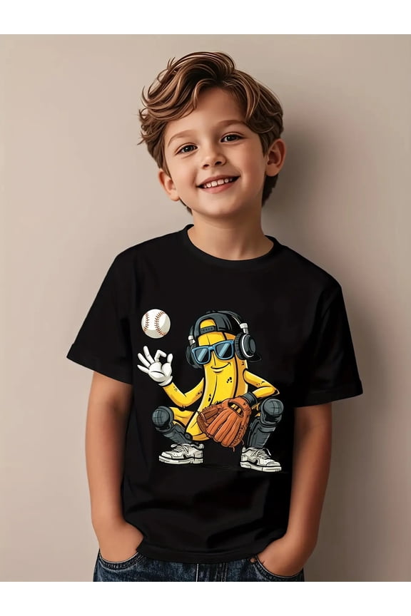 children’s wear Funny Cartoon Banana Baseball Catcher Graphic T-Shirt for Boys, Cute Kids Sports Game Day Tee