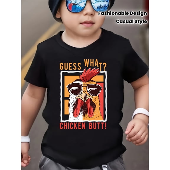 children’s wear Funny Cartoon Rooster Sunglasses Graphic T-Shirt for Boys, Cute "Chicken Butt" Kids Summer Play Tee