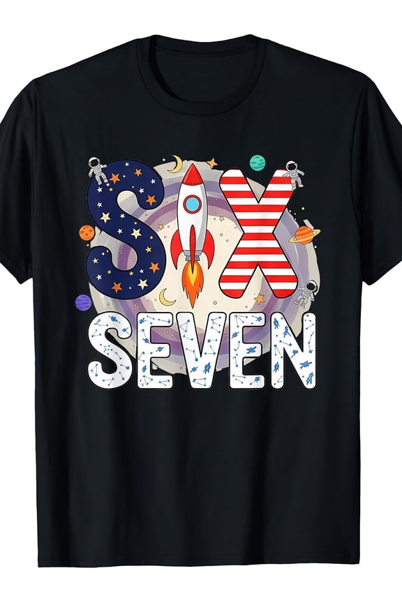 children’s wear Funny Cosmic Astronaut Rocket Planets Stars SIX SEVEN Graphic Tee for Boys and Girls Kids Birthday Gift