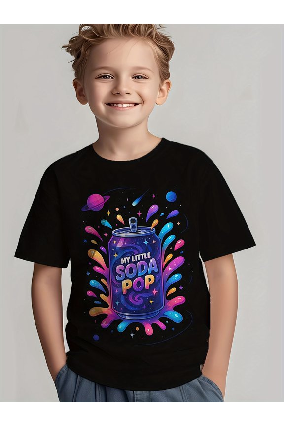 children’s wear Funny Cosmic My Little Soda Pop Graphic T-Shirt for Boys, Colorful Galaxy Space Theme Kids Tee