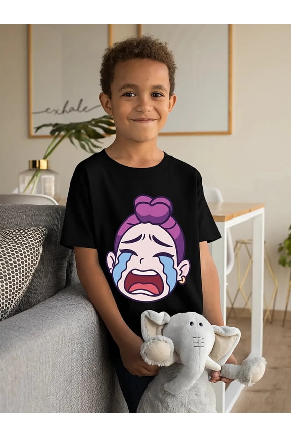 children’s wear Funny Crying Cartoon Face Graphic T-Shirt for Boys, Cute Emoticon Kids Short Sleeve Tee