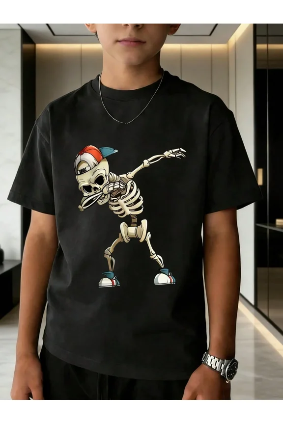 children’s wear Funny Dabbing Skeleton Graphic T-Shirt for Boys Cool Halloween Kids Black Cotton Tee