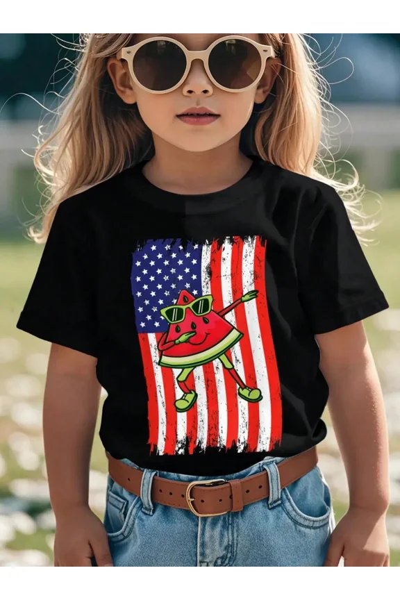 children’s wear Funny Dabbing Watermelon American Flag Kids T-Shirt Patriotic 4th of July Girls Boys Toddler Summer Graphic Tee