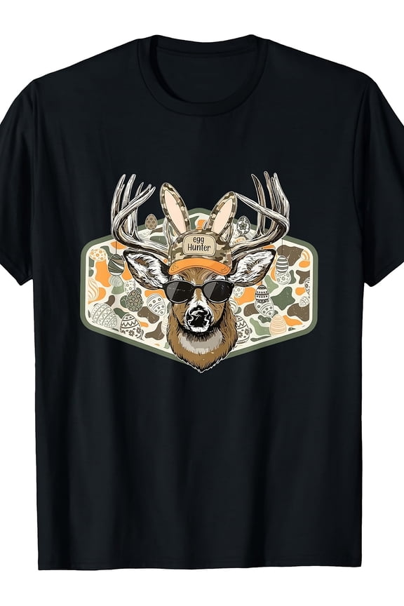 children’s wear Funny Easter Egg Hunter Deer Bunny Ears Kids Graphic T-Shirt, Retro Camo Buck with Sunglasses Boys Girls Toddler Holiday Tee