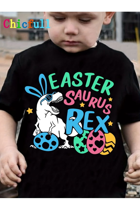 children’s wear Funny Easter Saurus Rex Dinosaur T-Shirt for Boys, Cute Dino Bunny Eggs Holiday Tee, Toddler Kids Spring Apparel