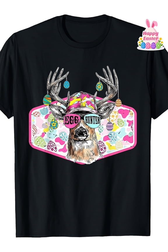 children’s wear Funny Egg Hunter Deer Kids T-Shirt Cute Easter Buck with Pink Camo Hat and Sunglasses Graphic Tee for Girls and Boys Toddler Holiday Apparel