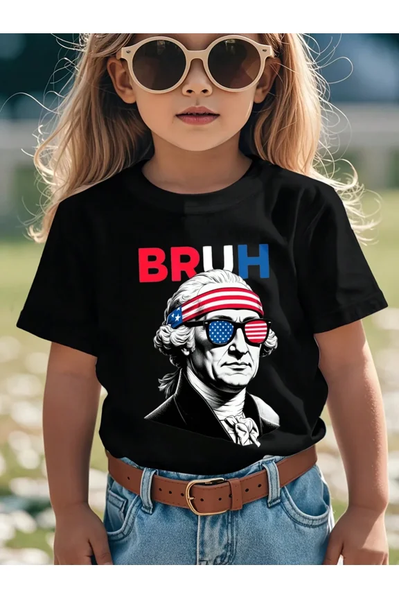 children’s wear Funny George Washington Bruh Kids T-Shirt Retro Patriotic American Flag Sunglasses Graphic Tee for Boys and Girls