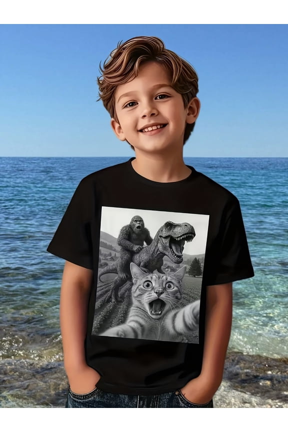 children’s wear Funny Gorilla Riding Dinosaur T-Rex Cat Selfie Graphic T-Shirt for Boys, Cute Animal Print Kids Tee, Summer Beach Style