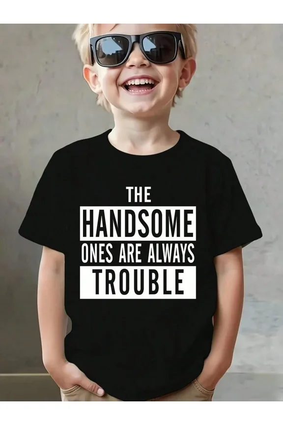 children’s wear Funny Handsome Ones Are Always Trouble Boys T-Shirt Retro Graphic Tee for Kids Black Cotton Top Short Sleeve Casual Tee