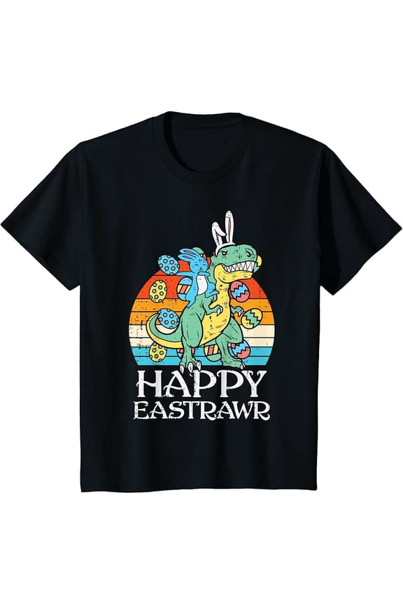 children’s wear Funny Happy EASTRAWR Dinosaur Bunny Easter Egg Sunset Retro T-Shirt for Kids
