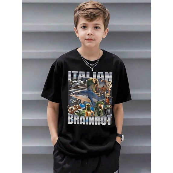 children’s wear Funny Italian Brainrot Meme Graphic T-Shirt for Kids Boys Girls Trendy Retro Black Cotton Tee
