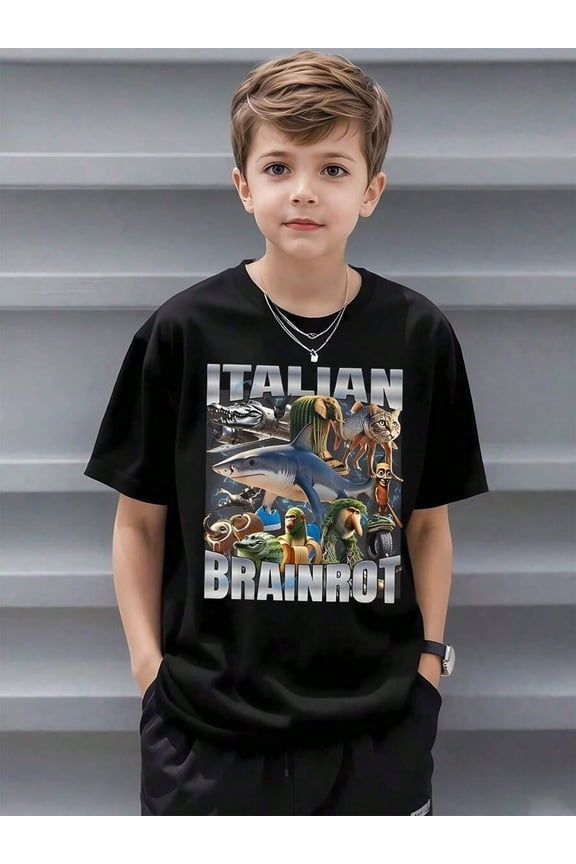 children’s wear Funny Italian Brainrot Meme Graphic T-Shirt for Kids Boys Girls Trendy Retro Black Cotton Tee