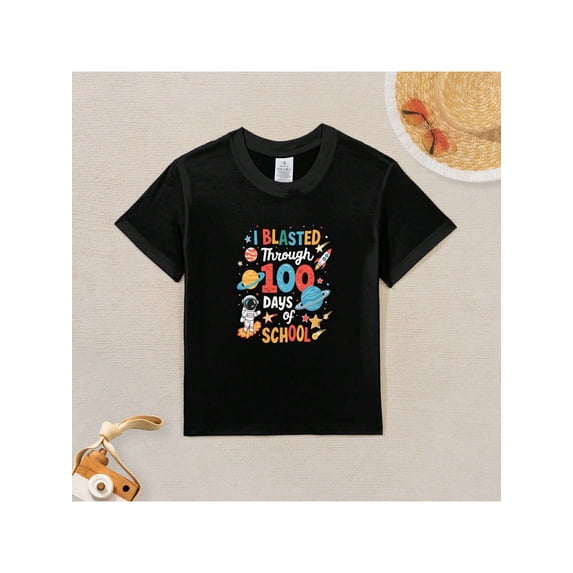 children’s wear Funny Kids 100 Days of School T-Shirt Retro Astronaut Space Rocket Graphic Tee for Boys and Girls Toddler Black Cotton Top