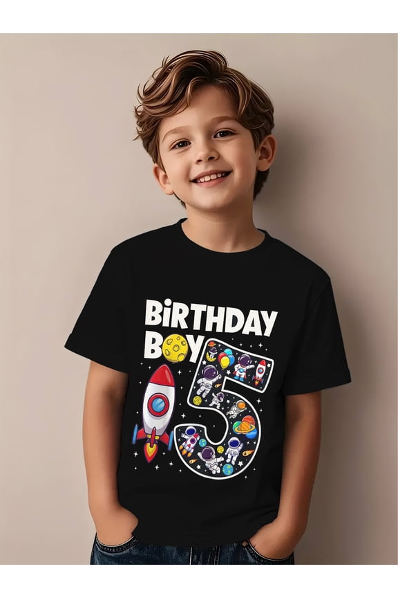 children’s wear Funny Kids Boys' 5th Birthday Astronaut Rocket Ship Outer Space Party T-Shirt