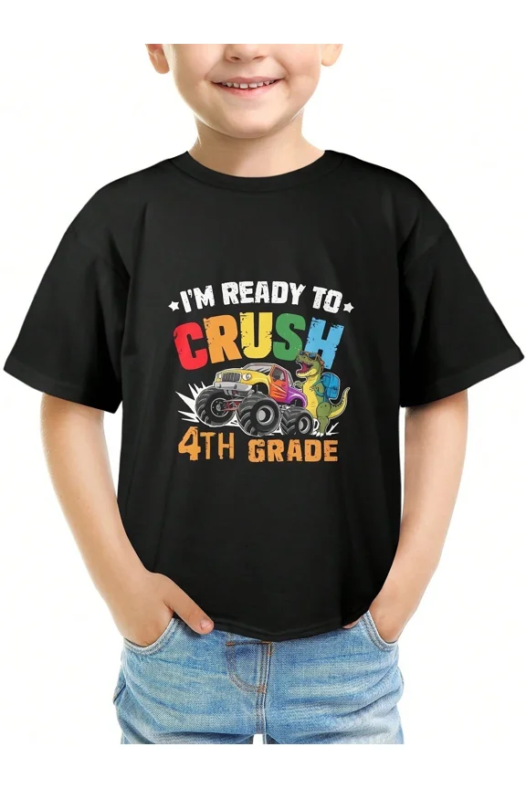 children’s wear Funny Kids I'm Ready to Crush 4th Grade Monster Truck Dinosaur T-Shirt, Retro Back to School Boys Girls Graphic Tee