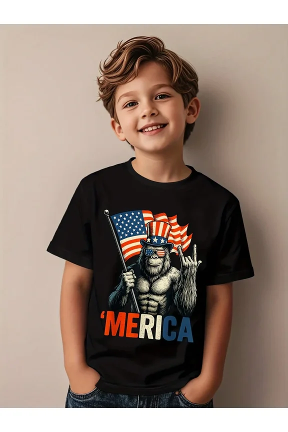 children’s wear Funny 'Merica Gorilla Patriotic American Flag Graphic T-Shirt for Boys Kids Toddler 4th of July Independence Day Short Sleeve Tee