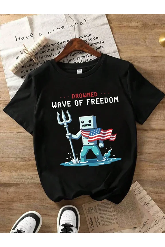 children’s wear Funny Pixel Art Drowned Wave of Freedom Kids T-Shirt, Patriotic Trident Graphic Tee for Boys and Girls, Cute Gamer Toddler Short Sleeve Top