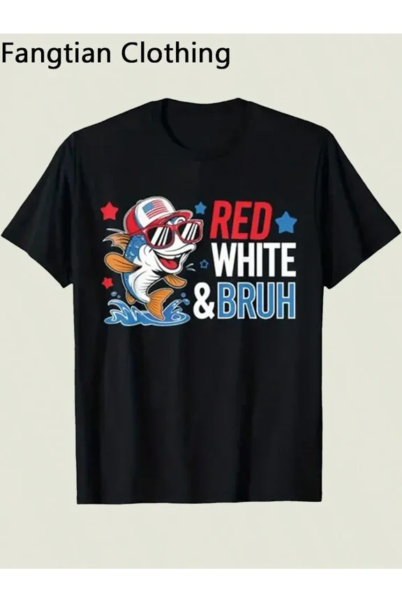 children’s wear Funny Red White and Bruh Fishing Bass T-Shirt for Kids Boys Girls Patriotic 4th of July Graphic Tee Cute Toddler Summer Top
