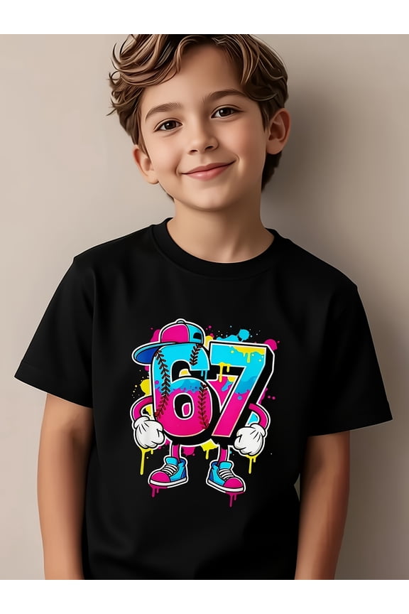 children’s wear Funny Retro Baseball Number 67 Splatter Graphic T-Shirt for Boys and Kids, Cute Colorful Cartoon Sports Jersey Style Top for Toddler