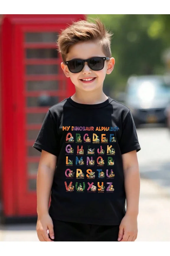 children’s wear Funny Retro Dinosaur Alphabet ABC Educational Graphic T-Shirt for Kids Boys Girls Toddler