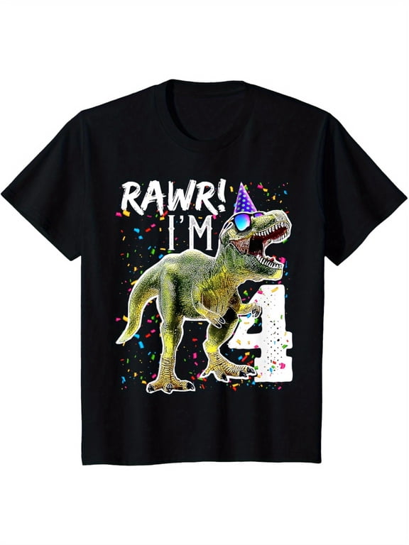 children’s wear Funny Roaring T-Rex Dinosaur 4th Birthday Party T-Shirt for Kids, Awesome Rawr I'm 4 Dino Top for Boys Girls Toddler